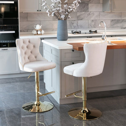 2x Height Adjustable Swivel Bar Stool Velvet Studs Barstool with Footrest and Golden Base- Beige - Cosy Abode