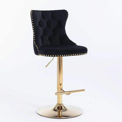 2x Height Adjustable Swivel Bar Stool Velvet Studs Barstool with Footrest and Golden Base- Black - Cosy Abode