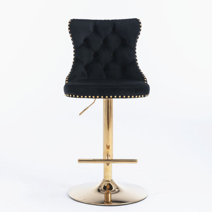 2x Height Adjustable Swivel Bar Stool Velvet Studs Barstool with Footrest and Golden Base- Black - Cosy Abode