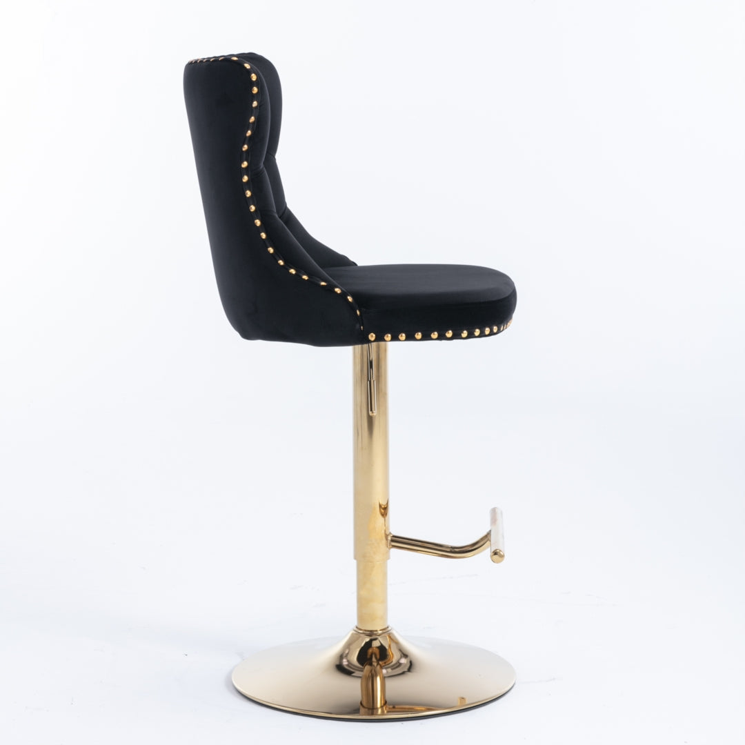 2x Height Adjustable Swivel Bar Stool Velvet Studs Barstool with Footrest and Golden Base- Black - Cosy Abode