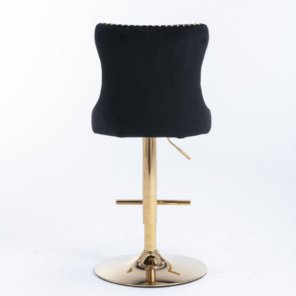 2x Height Adjustable Swivel Bar Stool Velvet Studs Barstool with Footrest and Golden Base- Black - Cosy Abode