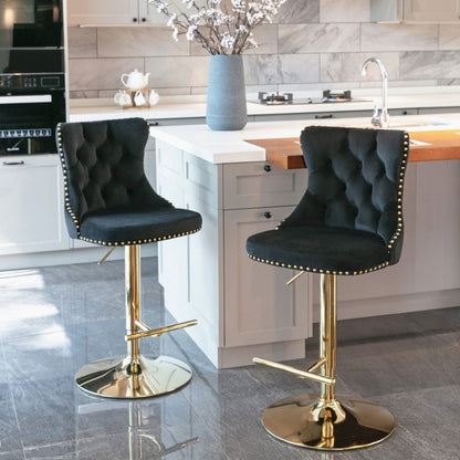 2x Height Adjustable Swivel Bar Stool Velvet Studs Barstool with Footrest and Golden Base- Black - Cosy Abode