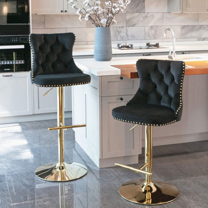 2x Height Adjustable Swivel Bar Stool Velvet Studs Barstool with Footrest and Golden Base- Black - Cosy Abode