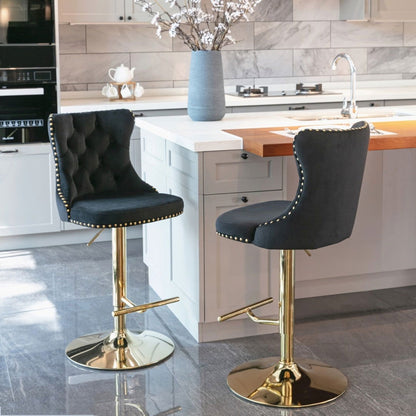 2x Height Adjustable Swivel Bar Stool Velvet Studs Barstool with Footrest and Golden Base- Black - Cosy Abode