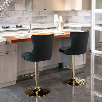 2x Height Adjustable Swivel Bar Stool Velvet Studs Barstool with Footrest and Golden Base- Black - Cosy Abode