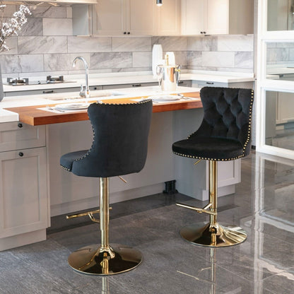 2x Height Adjustable Swivel Bar Stool Velvet Studs Barstool with Footrest and Golden Base- Black - Cosy Abode