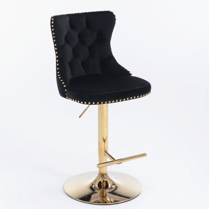 2x Height Adjustable Swivel Bar Stool Velvet Studs Barstool with Footrest and Golden Base- Black - Cosy Abode