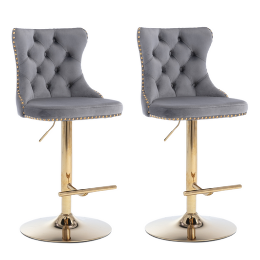 2x Height Adjustable Swivel Bar Stool Velvet Studs Barstool with Footrest and Golden Base- Grey - Cosy Abode