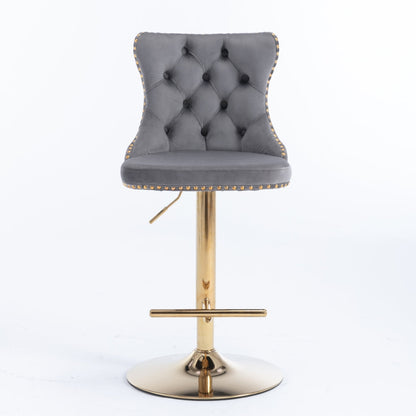 2x Height Adjustable Swivel Bar Stool Velvet Studs Barstool with Footrest and Golden Base- Grey - Cosy Abode