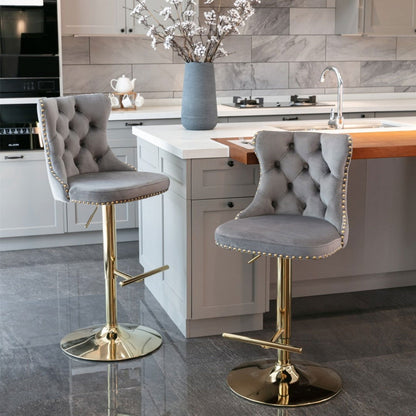 2x Height Adjustable Swivel Bar Stool Velvet Studs Barstool with Footrest and Golden Base- Grey - Cosy Abode