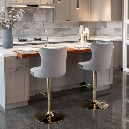2x Height Adjustable Swivel Bar Stool Velvet Studs Barstool with Footrest and Golden Base- Grey - Cosy Abode
