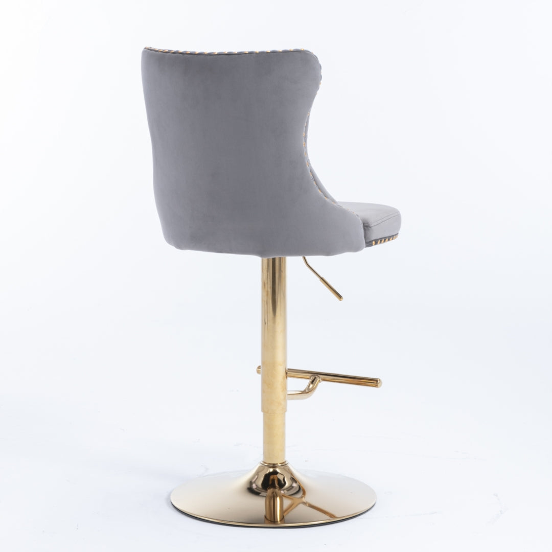 2x Height Adjustable Swivel Bar Stool Velvet Studs Barstool with Footrest and Golden Base- Grey - Cosy Abode