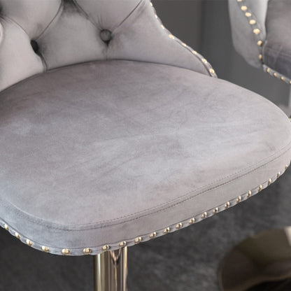 2x Height Adjustable Swivel Bar Stool Velvet Studs Barstool with Footrest and Golden Base- Grey - Cosy Abode