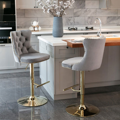 2x Height Adjustable Swivel Bar Stool Velvet Studs Barstool with Footrest and Golden Base- Grey - Cosy Abode
