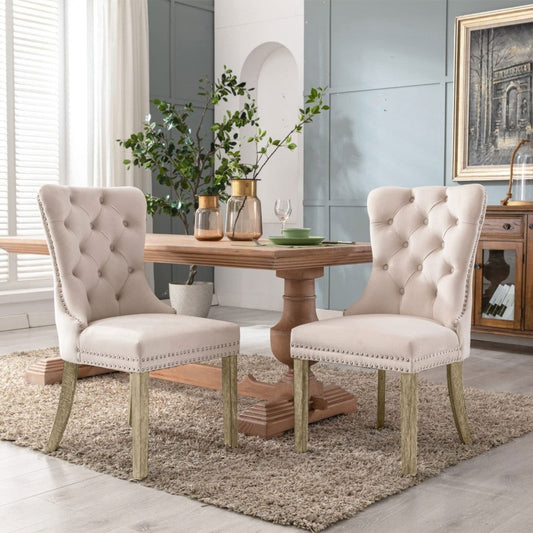 2x Velvet Dining Chairs Upholstered Tufted Kithcen Chair with Solid Wood Legs Stud Trim and Ring-Beige - Cosy Abode