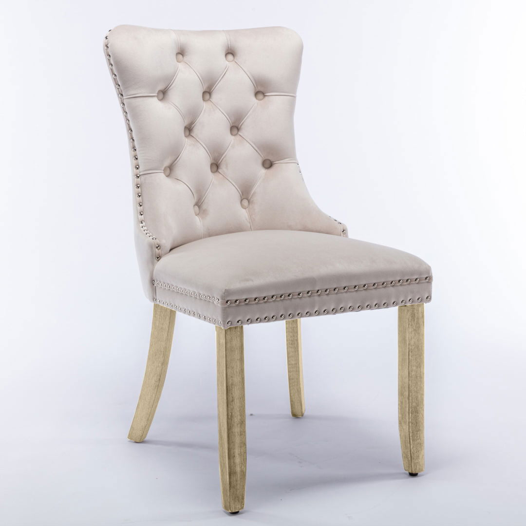 2x Velvet Dining Chairs Upholstered Tufted Kithcen Chair with Solid Wood Legs Stud Trim and Ring-Beige - Cosy Abode