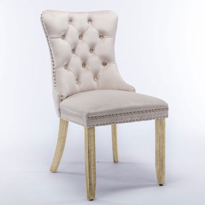 2x Velvet Dining Chairs Upholstered Tufted Kithcen Chair with Solid Wood Legs Stud Trim and Ring-Beige - Cosy Abode