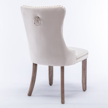 2x Velvet Dining Chairs Upholstered Tufted Kithcen Chair with Solid Wood Legs Stud Trim and Ring-Beige - Cosy Abode