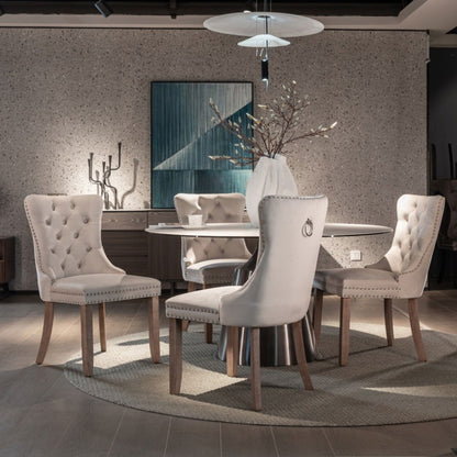 2x Velvet Dining Chairs Upholstered Tufted Kithcen Chair with Solid Wood Legs Stud Trim and Ring-Beige - Cosy Abode