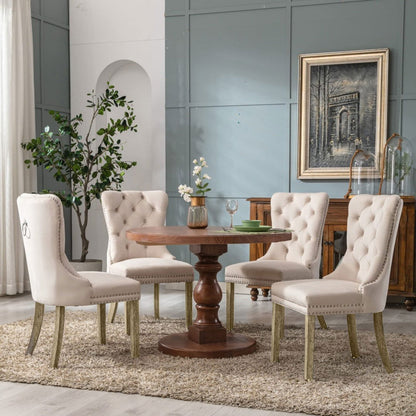 2x Velvet Dining Chairs Upholstered Tufted Kithcen Chair with Solid Wood Legs Stud Trim and Ring-Beige - Cosy Abode