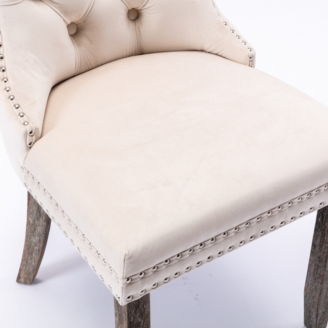 2x Velvet Dining Chairs Upholstered Tufted Kithcen Chair with Solid Wood Legs Stud Trim and Ring-Beige - Cosy Abode