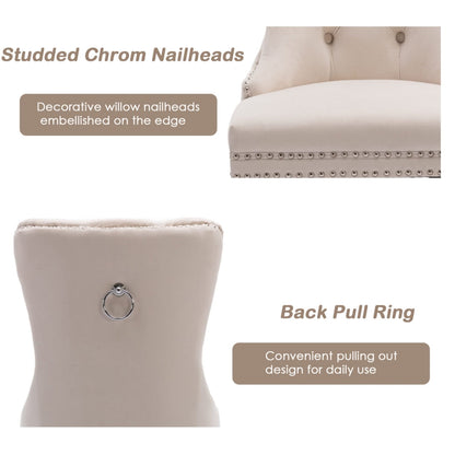 2x Velvet Dining Chairs Upholstered Tufted Kithcen Chair with Solid Wood Legs Stud Trim and Ring-Beige - Cosy Abode