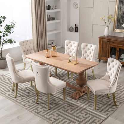 2x Velvet Dining Chairs Upholstered Tufted Kithcen Chair with Solid Wood Legs Stud Trim and Ring-Beige - Cosy Abode