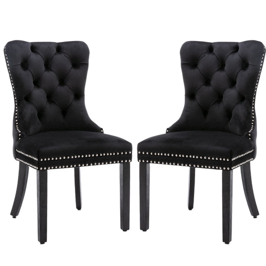 2x Velvet Dining Chairs Upholstered Tufted Kithcen Chair with Solid Wood Legs Stud Trim and Ring-Black - Cosy Abode
