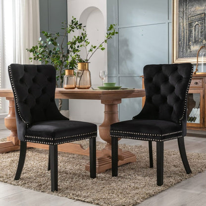 2x Velvet Dining Chairs Upholstered Tufted Kithcen Chair with Solid Wood Legs Stud Trim and Ring-Black - Cosy Abode