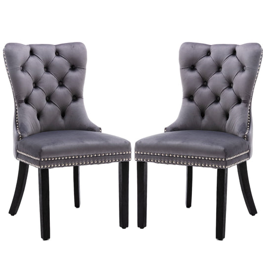2x Velvet Dining Chairs Upholstered Tufted Kithcen Chair with Solid Wood Legs Stud Trim and Ring-Gray - Cosy Abode