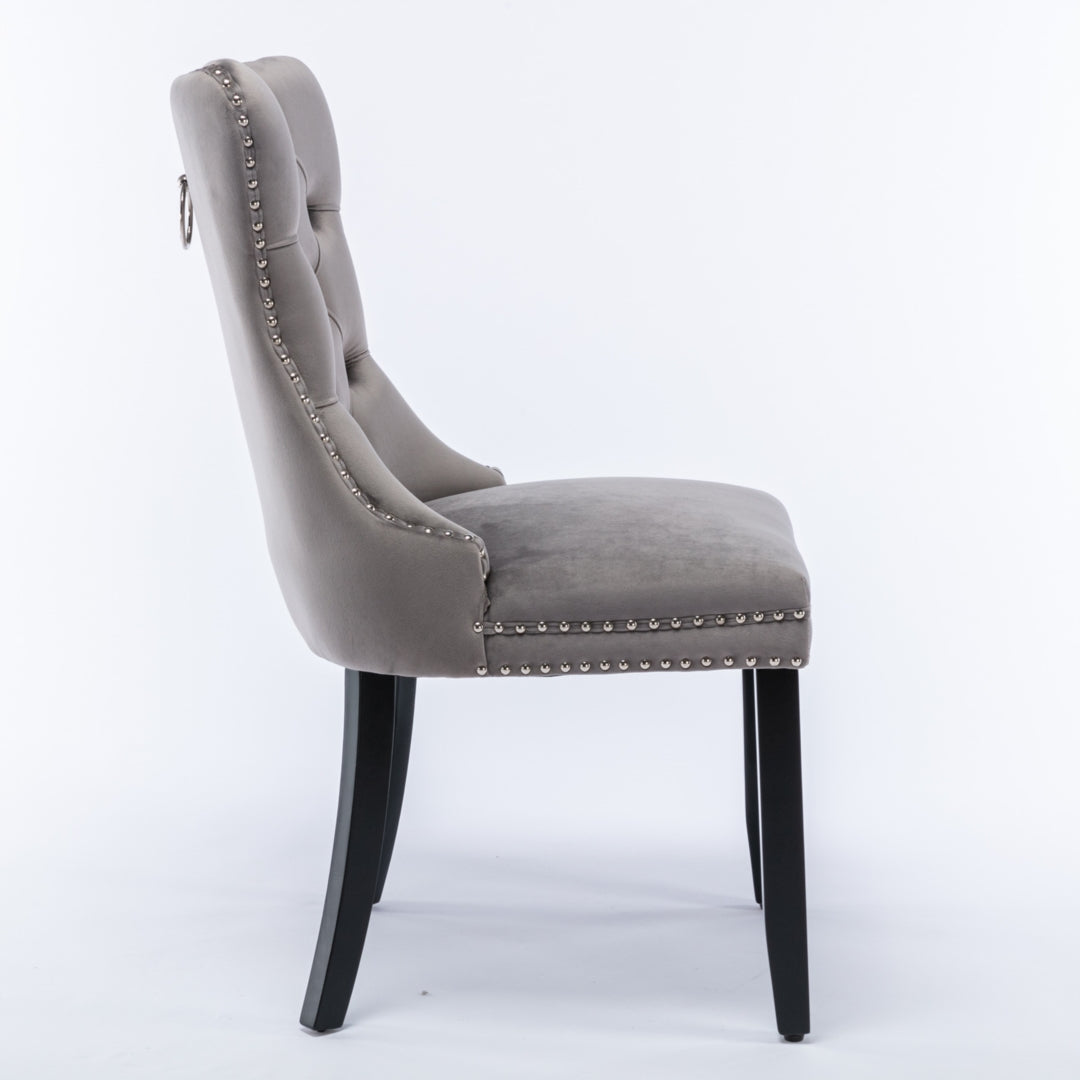 2x Velvet Dining Chairs Upholstered Tufted Kithcen Chair with Solid Wood Legs Stud Trim and Ring-Gray - Cosy Abode