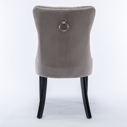 2x Velvet Dining Chairs Upholstered Tufted Kithcen Chair with Solid Wood Legs Stud Trim and Ring-Gray - Cosy Abode