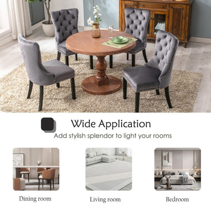 2x Velvet Dining Chairs Upholstered Tufted Kithcen Chair with Solid Wood Legs Stud Trim and Ring-Gray - Cosy Abode
