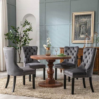 2x Velvet Dining Chairs Upholstered Tufted Kithcen Chair with Solid Wood Legs Stud Trim and Ring-Gray - Cosy Abode
