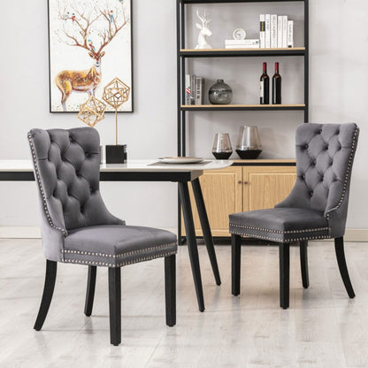 2x Velvet Dining Chairs Upholstered Tufted Kithcen Chair with Solid Wood Legs Stud Trim and Ring-Gray - Cosy Abode