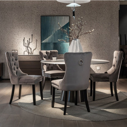 2x Velvet Dining Chairs Upholstered Tufted Kithcen Chair with Solid Wood Legs Stud Trim and Ring-Gray - Cosy Abode
