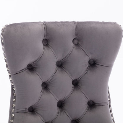 2x Velvet Dining Chairs Upholstered Tufted Kithcen Chair with Solid Wood Legs Stud Trim and Ring-Gray - Cosy Abode