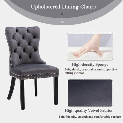 2x Velvet Dining Chairs Upholstered Tufted Kithcen Chair with Solid Wood Legs Stud Trim and Ring-Gray - Cosy Abode