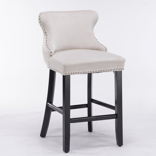2x Velvet Upholstered Button Tufted Bar Stools with Wood Legs and Studs-Beige - Cosy Abode