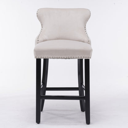 2x Velvet Upholstered Button Tufted Bar Stools with Wood Legs and Studs-Beige - Cosy Abode