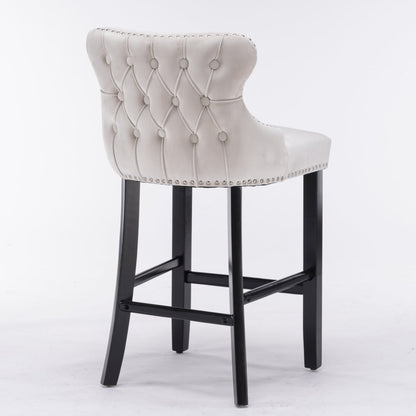2x Velvet Upholstered Button Tufted Bar Stools with Wood Legs and Studs-Beige - Cosy Abode