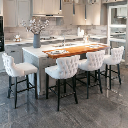 2x Velvet Upholstered Button Tufted Bar Stools with Wood Legs and Studs-Beige - Cosy Abode