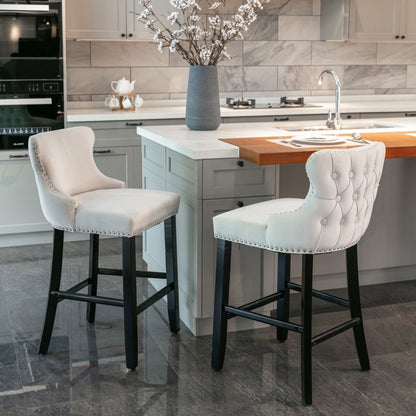 2x Velvet Upholstered Button Tufted Bar Stools with Wood Legs and Studs-Beige - Cosy Abode
