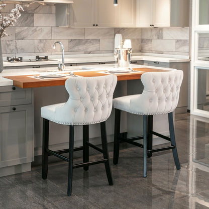 2x Velvet Upholstered Button Tufted Bar Stools with Wood Legs and Studs-Beige - Cosy Abode