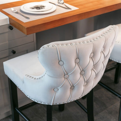 2x Velvet Upholstered Button Tufted Bar Stools with Wood Legs and Studs-Beige - Cosy Abode