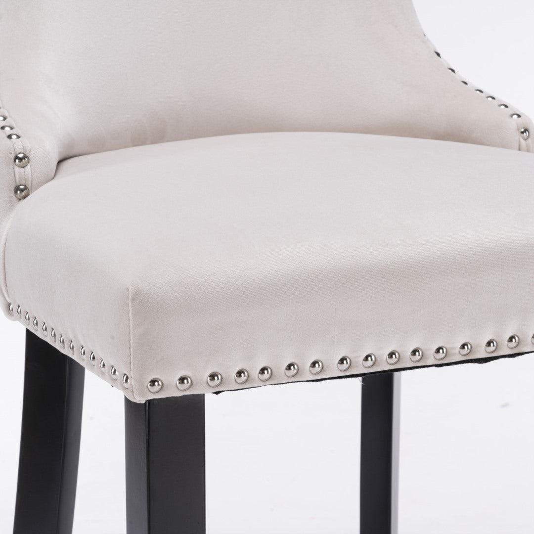 2x Velvet Upholstered Button Tufted Bar Stools with Wood Legs and Studs-Beige - Cosy Abode