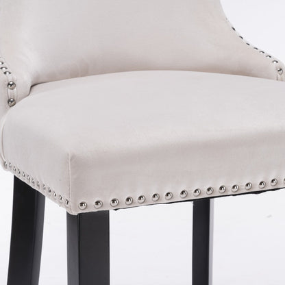 2x Velvet Upholstered Button Tufted Bar Stools with Wood Legs and Studs-Beige - Cosy Abode