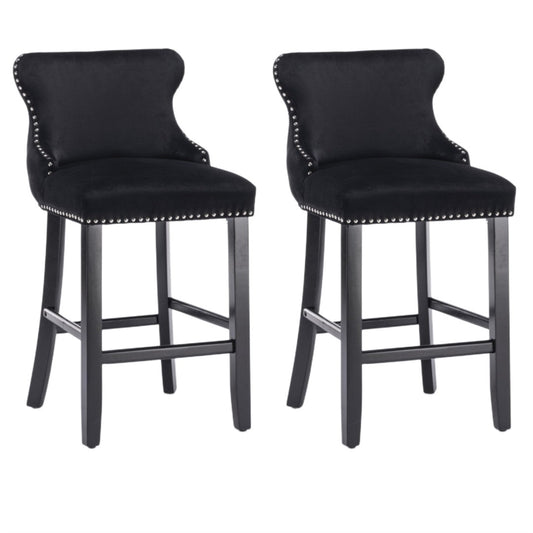 2x Velvet Upholstered Button Tufted Bar Stools with Wood Legs and Studs-Black - Cosy Abode