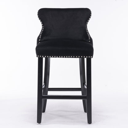 2x Velvet Upholstered Button Tufted Bar Stools with Wood Legs and Studs-Black - Cosy Abode