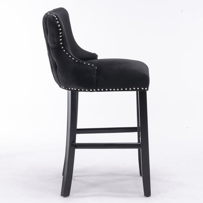 2x Velvet Upholstered Button Tufted Bar Stools with Wood Legs and Studs-Black - Cosy Abode
